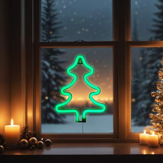 34337568 9.5 in. LED Lighted Neon Style Christmas Tree Window Silhouette Sign, Green